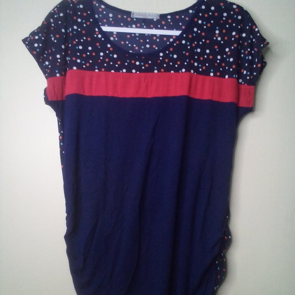 Robin's Nest Shirt Maternity L Short Sleeve Polka Dot Color Block Blue Red